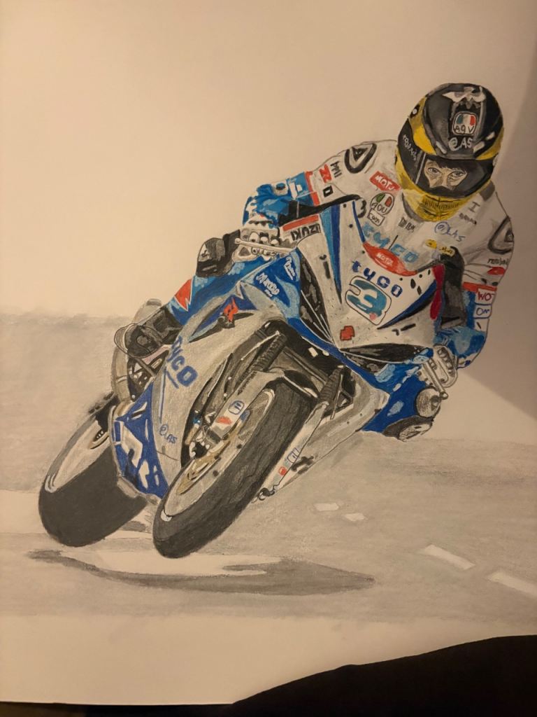 Guy Martin riding tyco Suzuki motorbike drawing 