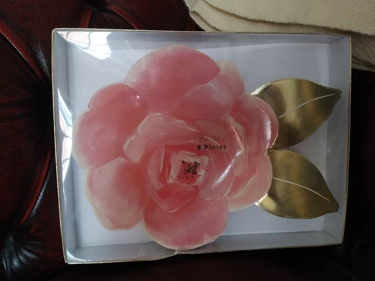 Rose Flower Party Plates with Gold Leaves - New