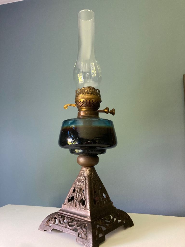 Vintage Oil Lamp with Blue Glass & Decorative Metal Base