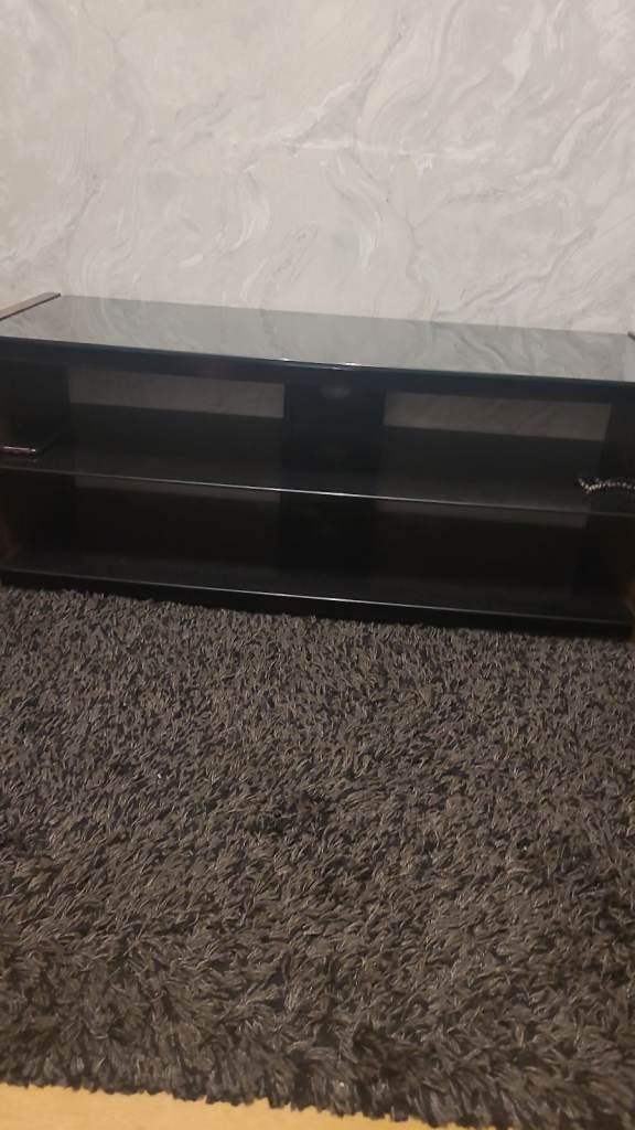 Black Glass TV Stand with Two Shelves – Good Condition