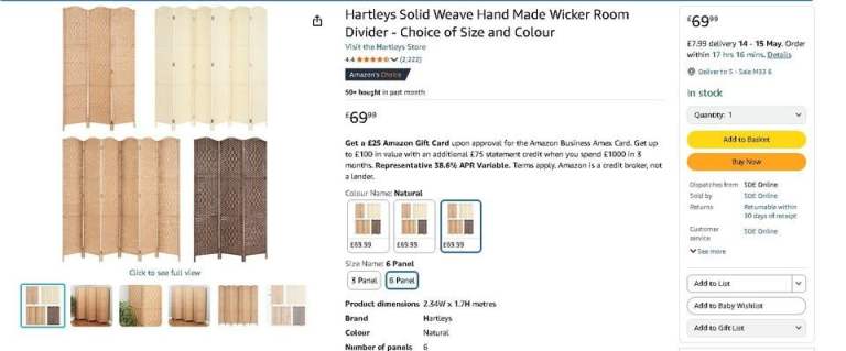 Hartleys Solid Weave Hand Made Wicker Room Divider