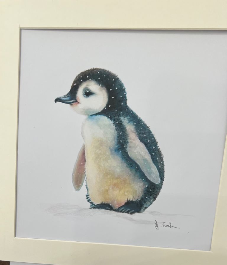 Hand Painted Framed Watercolour Art for Home Decor of a Penguin Chick