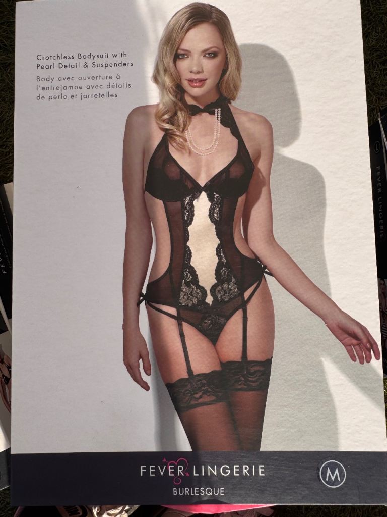 Fever Lingerie Burlesque Crotchless Bodysuit with Pearl Detail – Size M