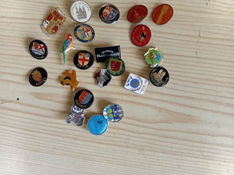 Job Lot of Various Vintage Enamel Pins and Badges and match books and boxes