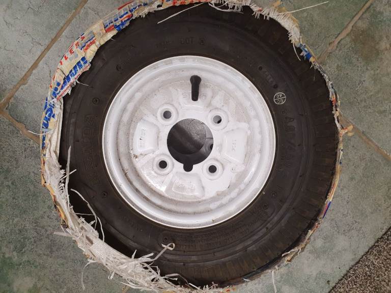 Pair of Indespension - 2 x Small Trailer Wheels - Unused and still in wrapper (see sizes in advert)