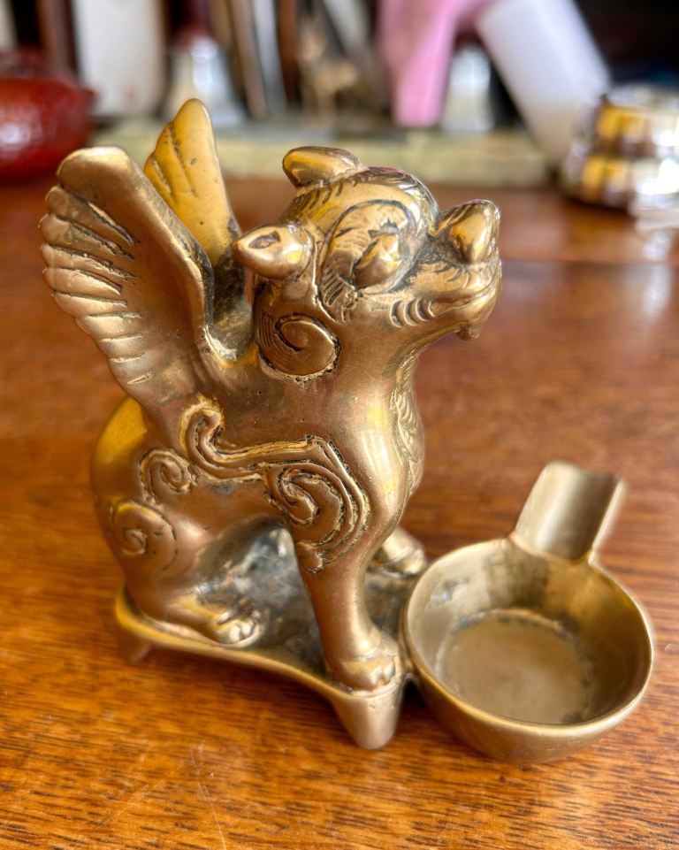 Foo Dog or Winged Lion Brass Asian Ashtray