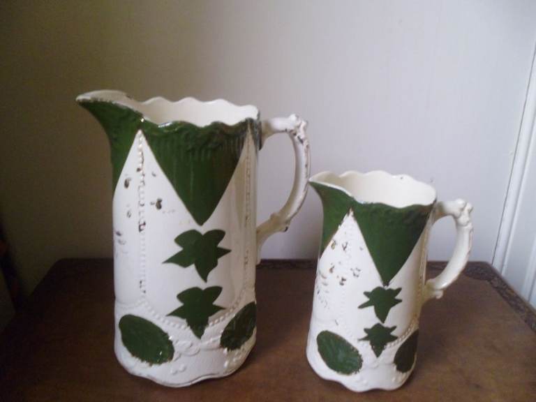 PAIR OF ANTIQUE WHITE & GREEN WATER JUGS