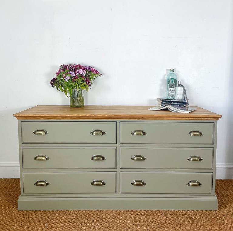 4.4ft Solid pitch pine long low wide double chest of drawers / dresser / sideboard