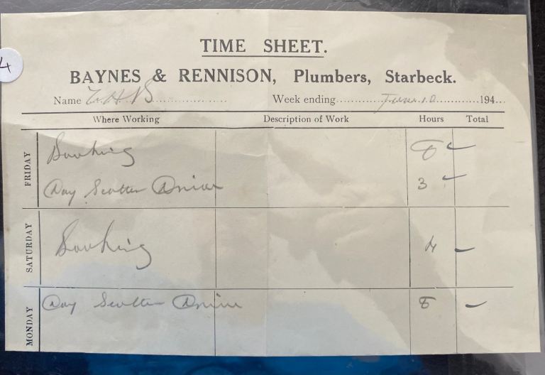 Vintage Plumbers Time Sheet - Baynes & Rennison, Starbeck