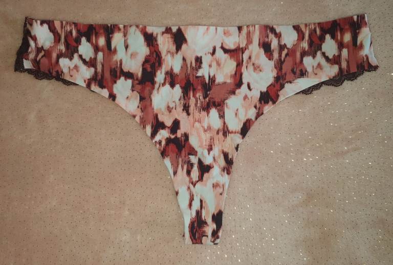 DANSKIN Intimates Brown Lace Print Pattern Seamless Thong Size Medium BNWOT