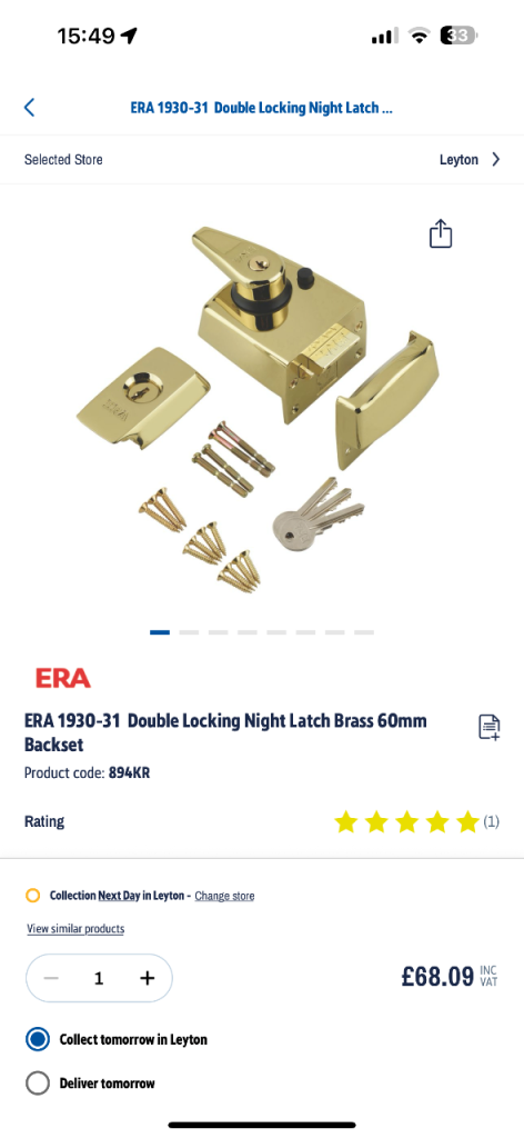 ERA British Standard Nightlatch 60mm Backset - Brass Finish