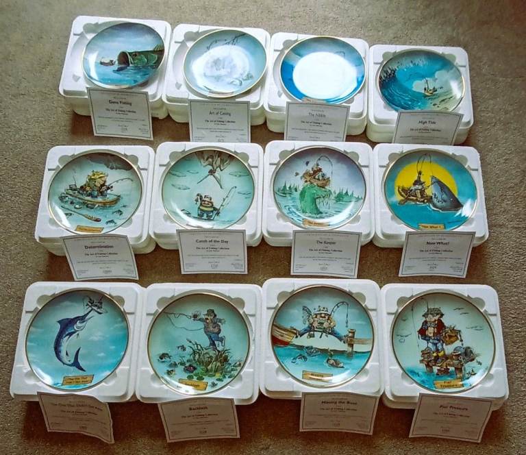 DANBURY MINT `THE ART OF FISHING` by Gary Patterson FULL SET WITH CERTIFICATES + DISPLAY CABINET