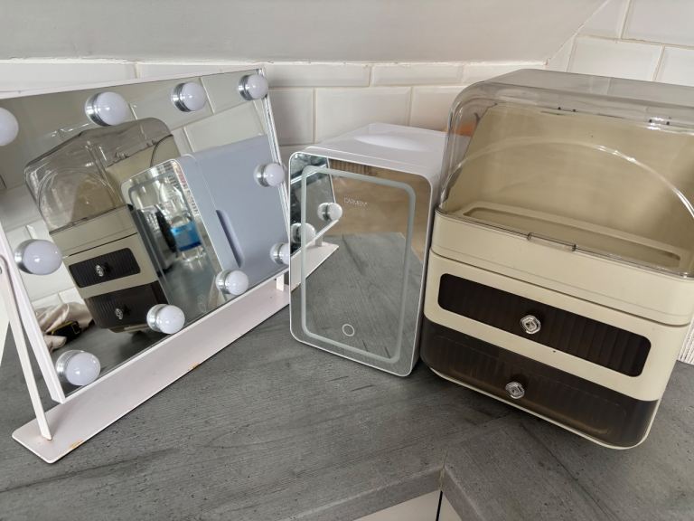 vanity mirror, mini fridge and makeup caddy