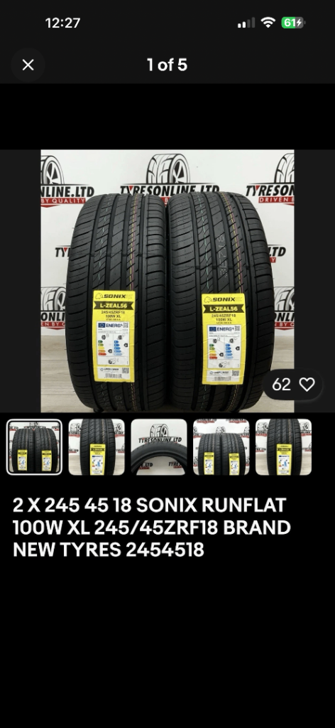 2 X 245 45 18 SONIX RUNFLAT100W XL 245/45ZRF18 BRANDNEW TYRES 2454518
