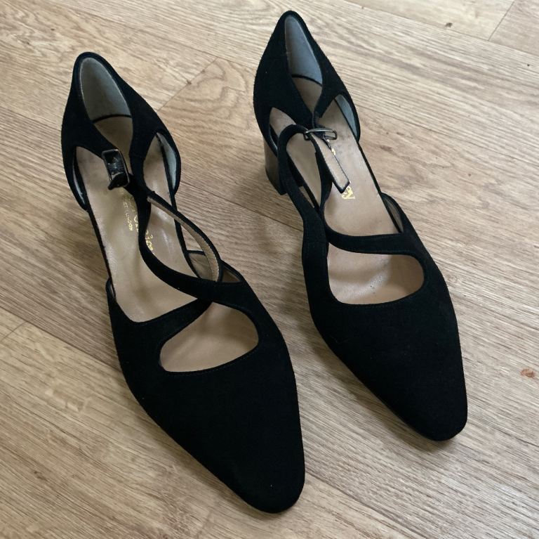Black suede cross over strap Russell & Bromley shoes, size 4
