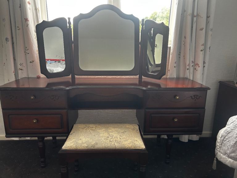Dressing table with mirror and stool