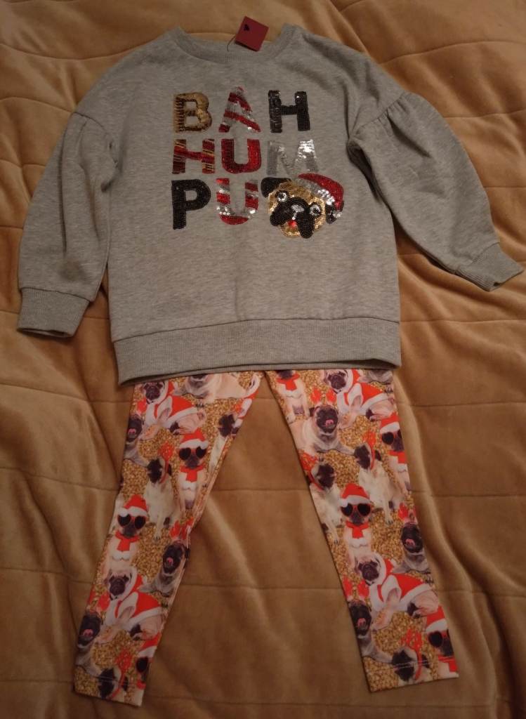 BNWT Girls Christmas Pug Dog Jumper And Leggings Set 5 Years