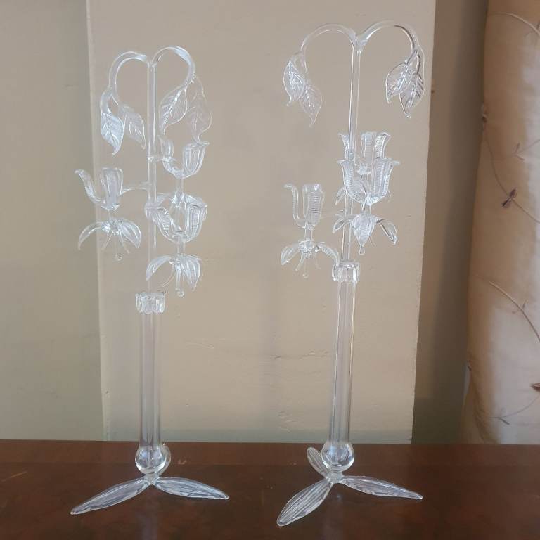 Rare Mint Condition Vintage Hand-Blown Clear Glass Flower Tree Vases – Pair