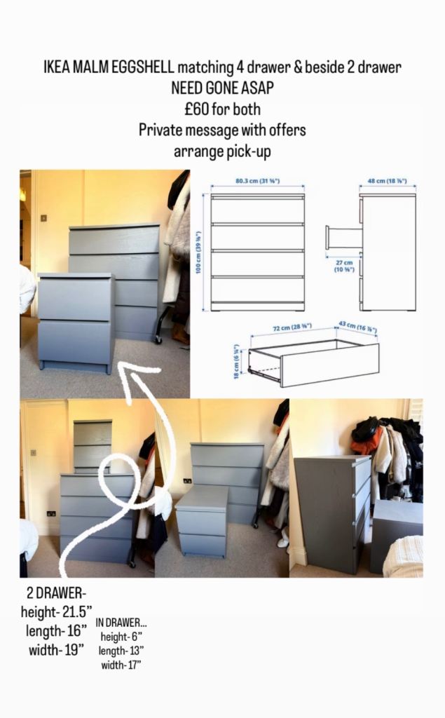 IKEA MALM EGGSHELL matching 4 drawer & beside 2 drawer