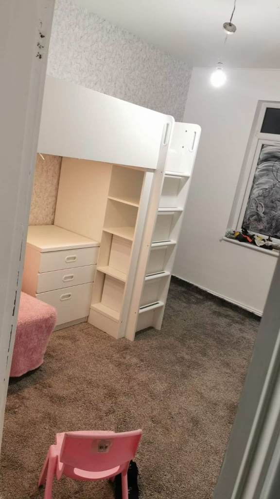 White Wooden Cabin Bed with Desk and Storage – Good Condition