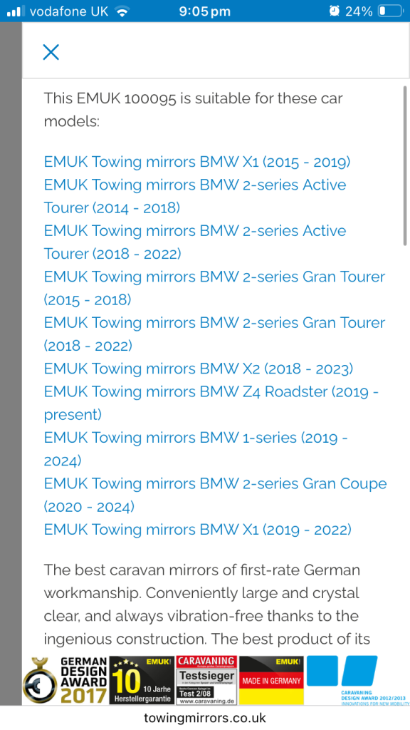 EMUK towing mirrors for various BMW 1, X1, 2 & X2 series - see photos for list