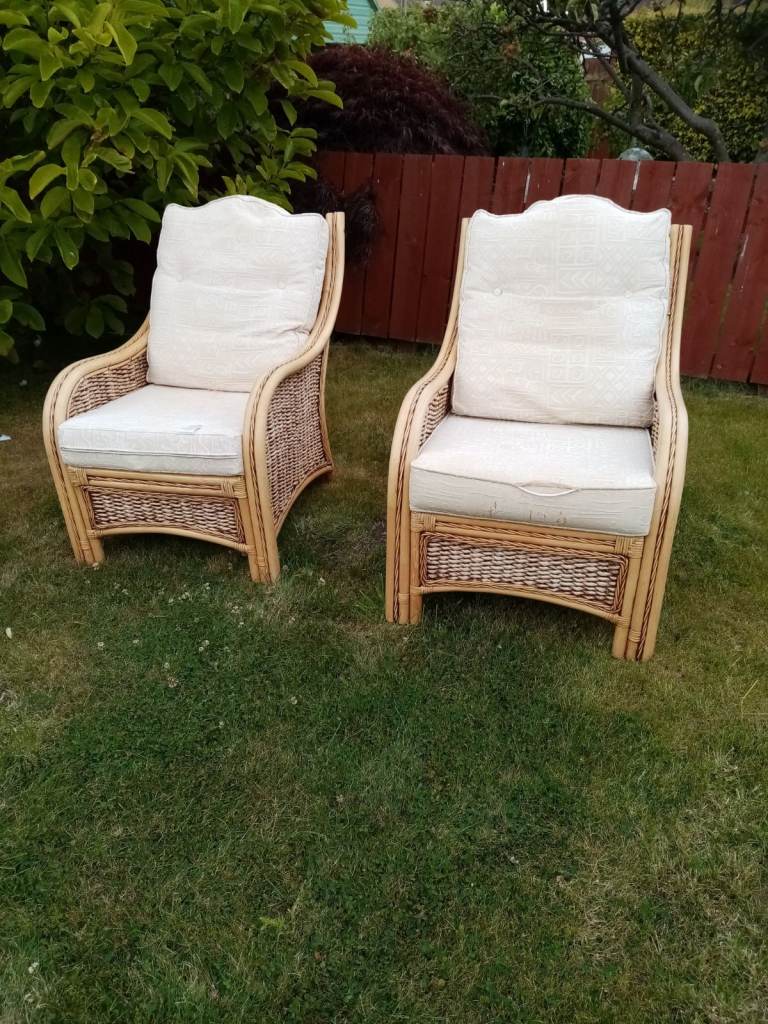 Pair of Rattan Garden Chairs with Cushions – Fair Condition