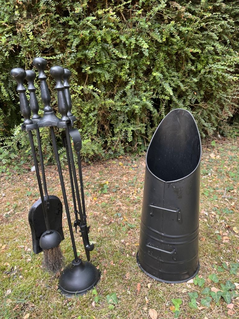 Black Fireplace Companion Set and Coal Bucket – Good Condition