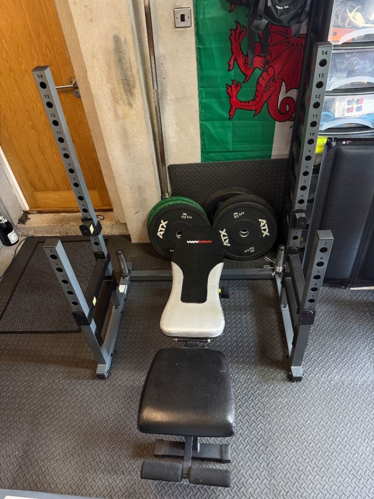 Adjustable Squat Rack and Weight Bench with Plates and Bar – Good Condition
