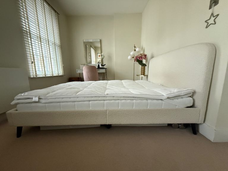 Next Matson Bouclé Upholstered Bed Frame & IKEA mattress & Dusk down feather mattress cover