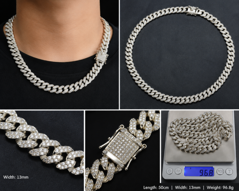 New Silver Coloured Cuban Chain Necklace with Stones