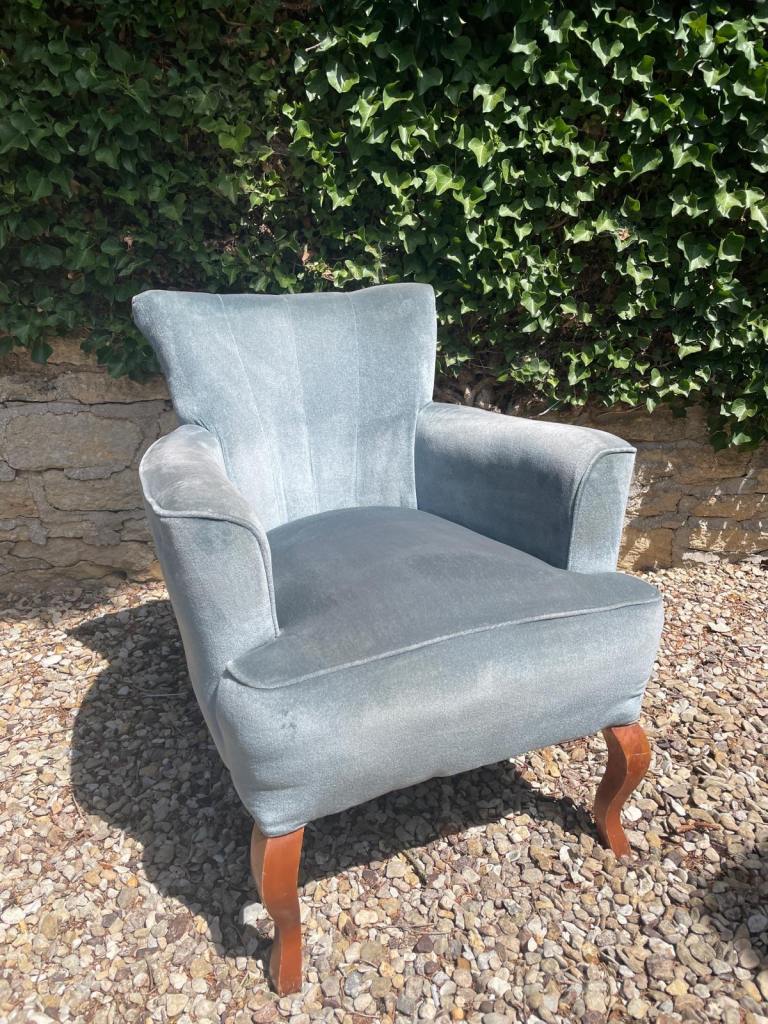light blue vintage velvet armchair 