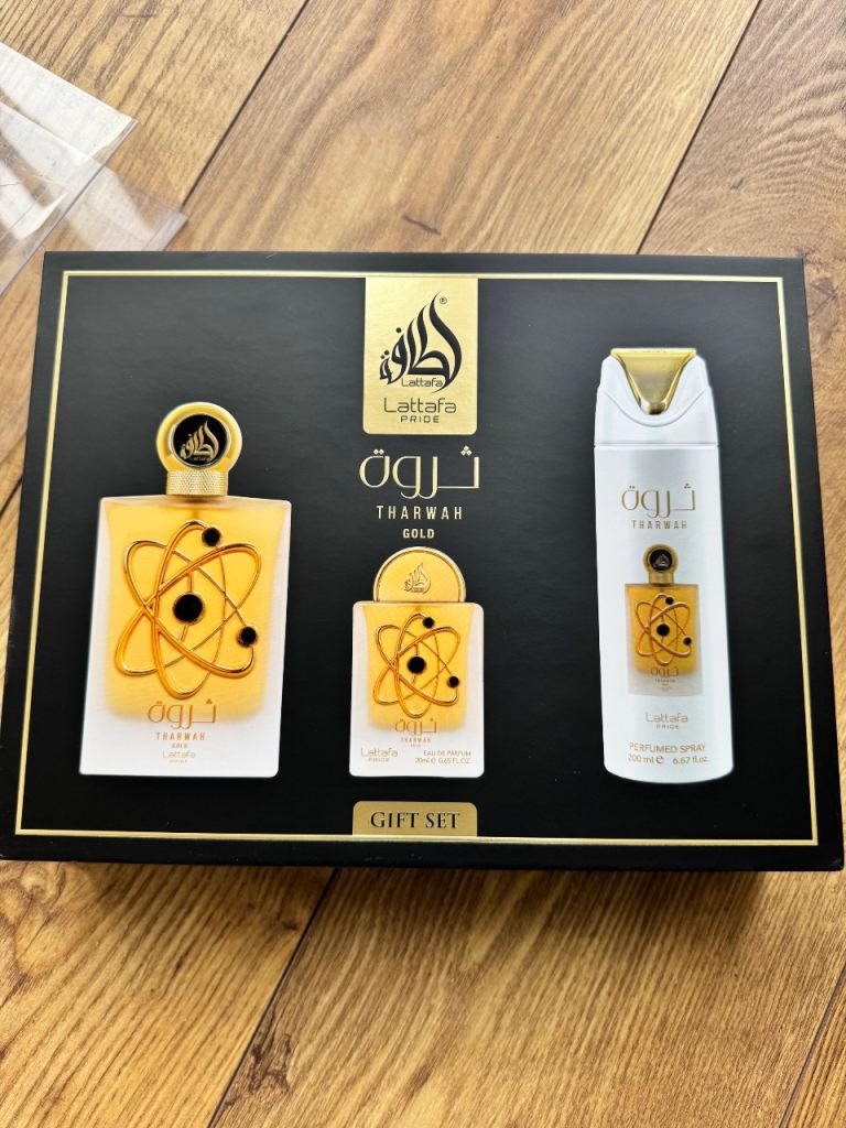 Lattafa Tharwah Gold 3Pc Perfume Gift Set for Women & Men EDP 100ml, 20ml Mini, 200ml Deodorant