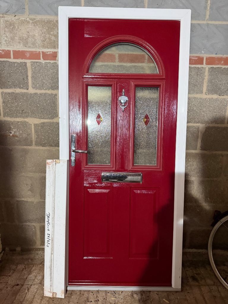 Red External Door with Frame and Glass Panels