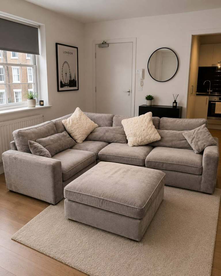 Large Grey Corner Sofa with Ottoman – Good Condition