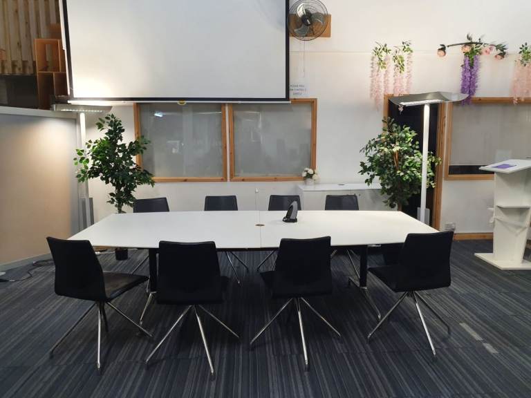 Used office boardroom conference meeting executive white boat shaped table