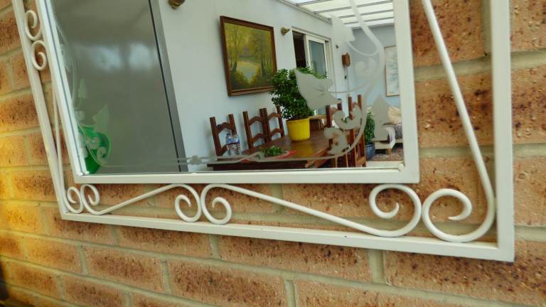 Large Vintage Retro Etched 1950s Arch Top Wrought Iron Scroll Wall Mirror 92 cm