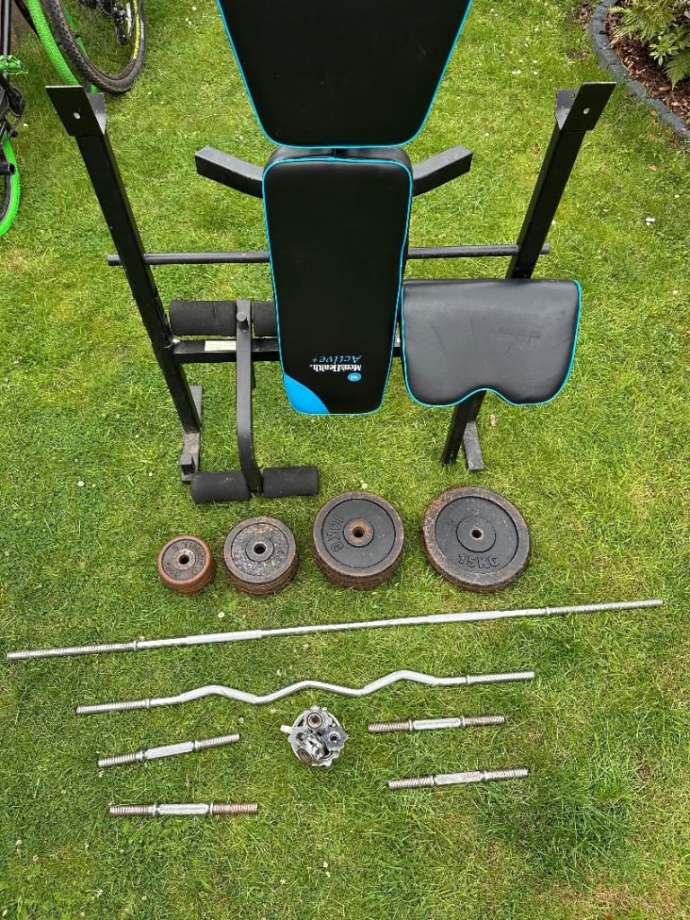 Folding Weight Bench with Weights and Bars