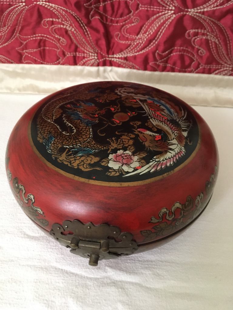 Feng Shui Chinese Dragon & Phoenix Round Wooden Storage Box Jewellery