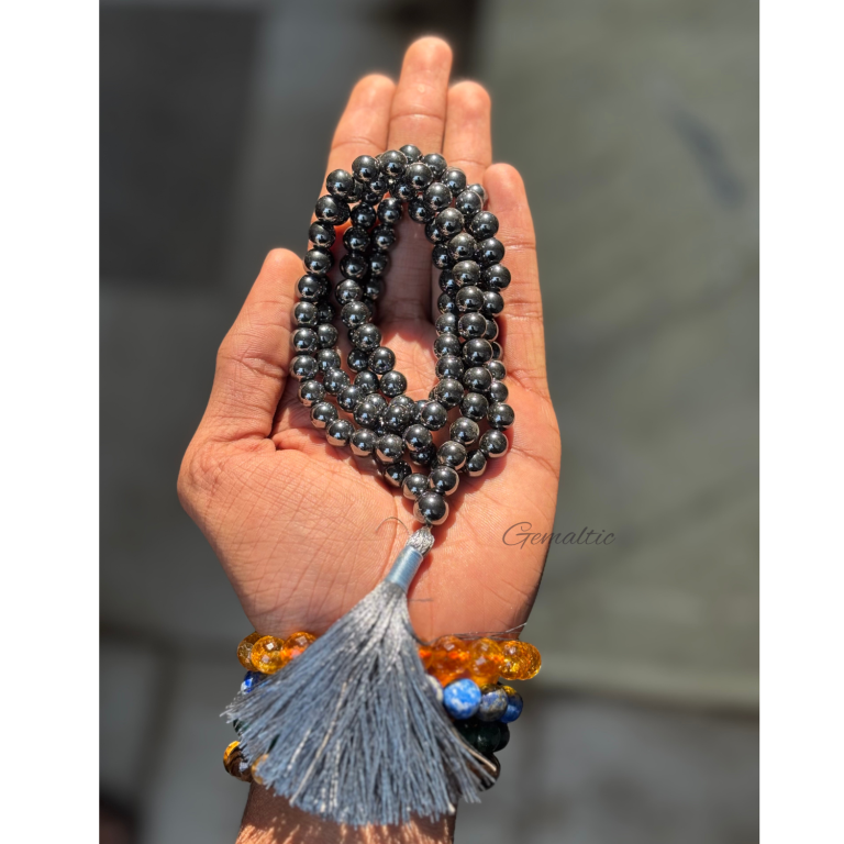Hematite Jap Mala 108+1 Beads – Certified Natural Stone Prayer Mala for Meditation, Yoga &amp;