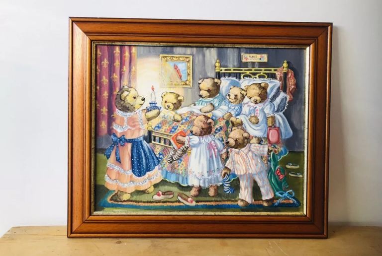Teddy Bear Painting Oil on Canvas Large Rare By Doreen Edmonds