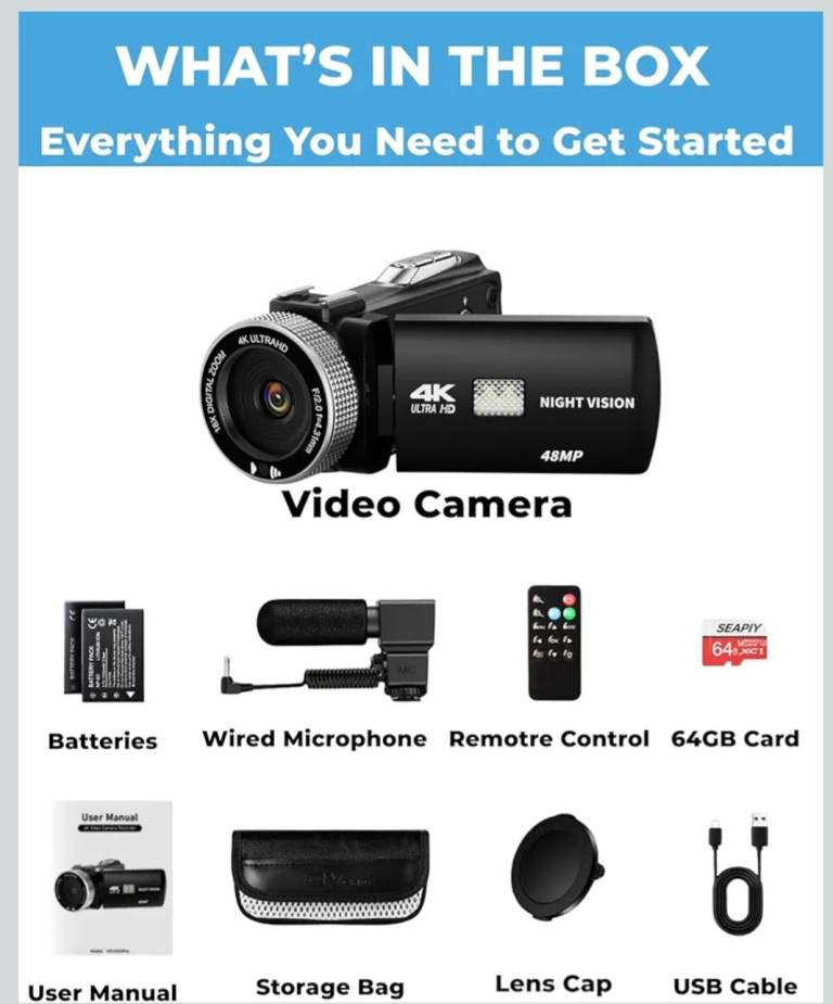 Rrp £80.00. 4K Camcorder Video Camera with IR Night Vision, 64MP Vlogging Camera with External Mic.