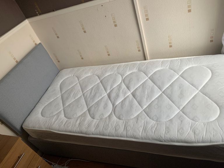 Grey Single Divan bed and mattress with headboard