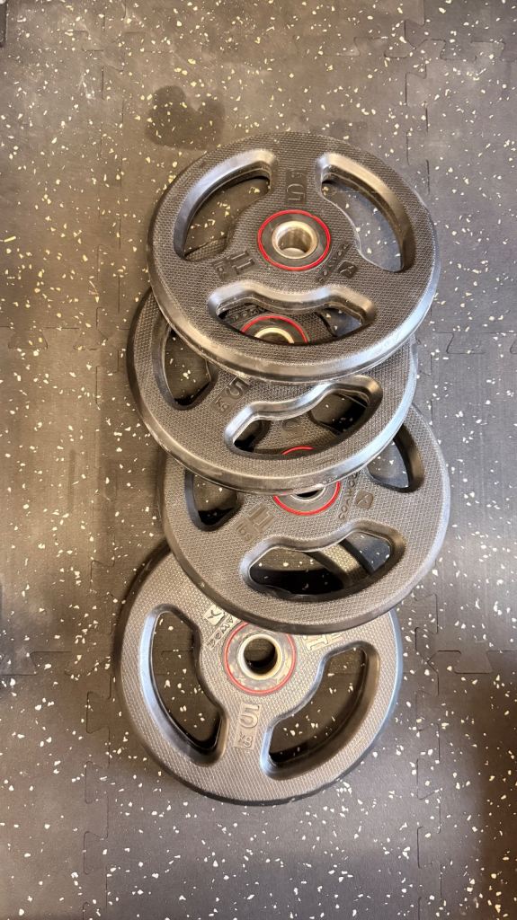 4x 5kg/11lb 28mm rubber weight plates with handles 
