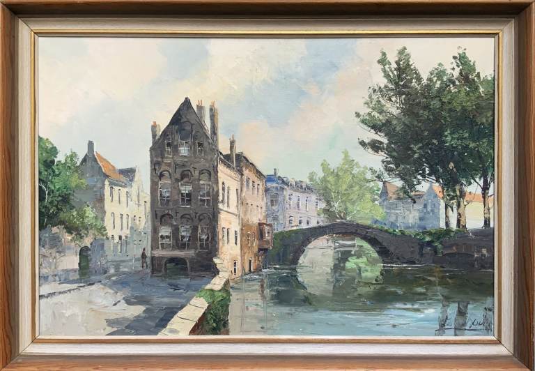 Large Superb Dutch Impressionist Canal Cityscape Painting Oil & Impasto - Signed