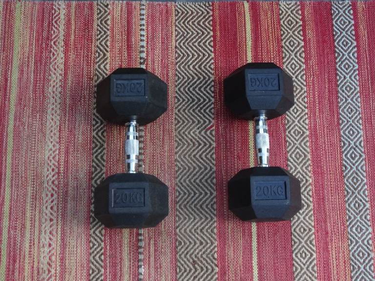 A Pair of Hex 20kg Dumbbells with Durable Rubber Hexagonal Heads