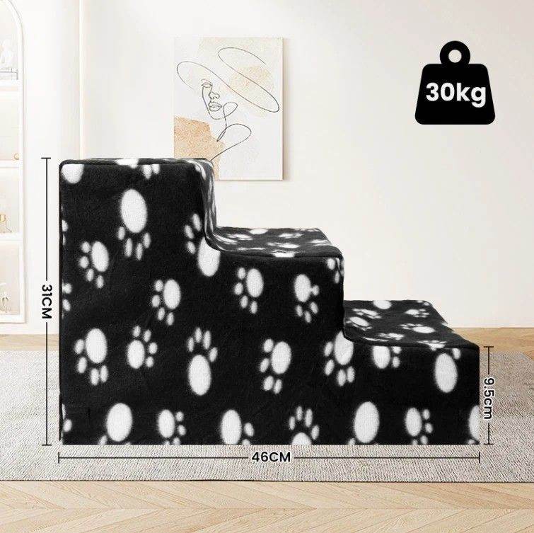 Pet Stairs Black Fabric Paw Print Removable Cover Machine Washable Foldable