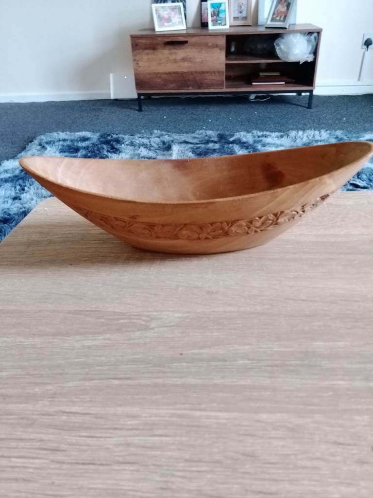 Vintage Hand Carved Wooden Banana Boat Bowl MCM Canoe Fruit Centerpiece Dish