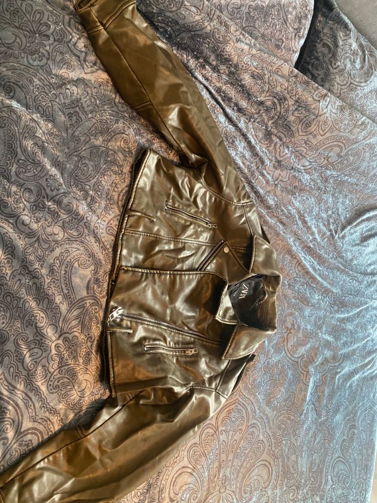 ZARA Olive Green Faux Leather Biker Jacket - Size L