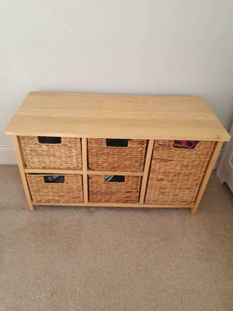 Wooden Storage Unit with Wicker Baskets – Good Condition