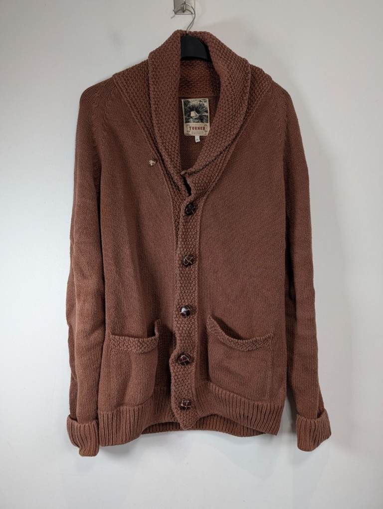 &Sons Turner Shawl Cardigan Men Small Brown 100% Cotton Heavy Rugged Warm Winter